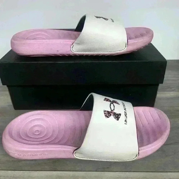 Girls Under Armour slides Y4 or womens 5.5 pink white comfy sandals beach - Picture 1 of 9